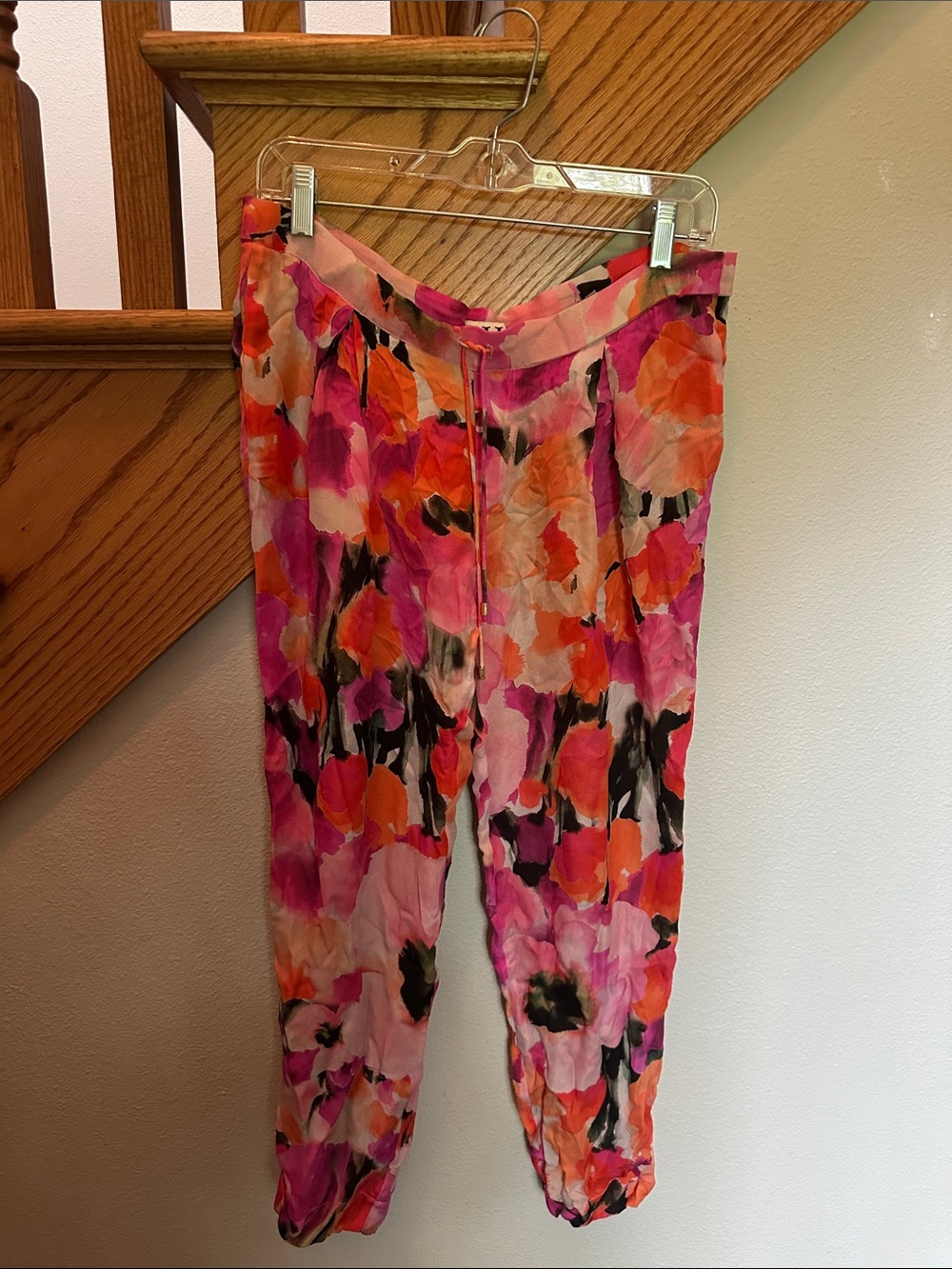 100% Silk Haute Hippie Floral Pink & Orange Women's Jogger Pants